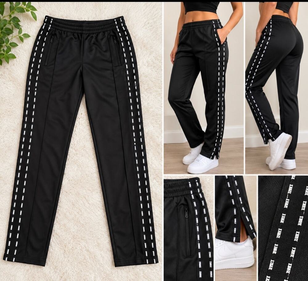 Victoria's Secret NEW black PINK joggers track pants white logo stripes. Size L